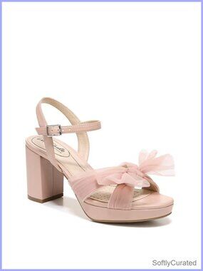 Faux Leather Platform Sandals with Tulle Bow Ankle Strap Adjustable Buckle